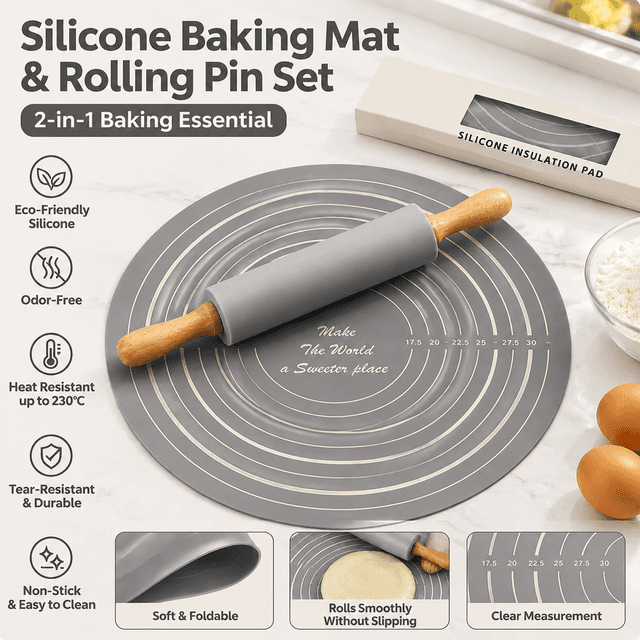 2-Piece Grey Nonstick Silicone Dough Mat and Rolling Pin - Non Slip Baking