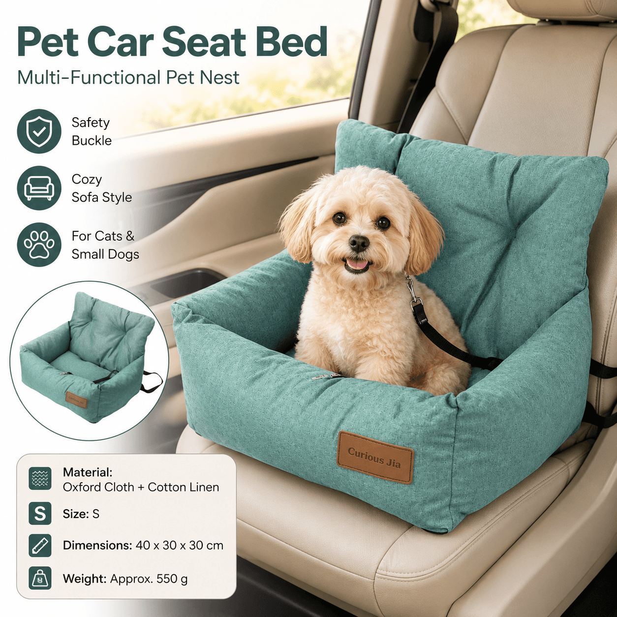 Blue S Size 40 × 30 cm Car pet bed -Oxford Linen Removable Washable Non-Slip