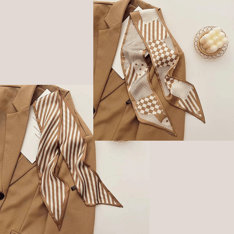 2-piece Coffee Geometric and Stripes French Style Long Silk Scarf - Coffee