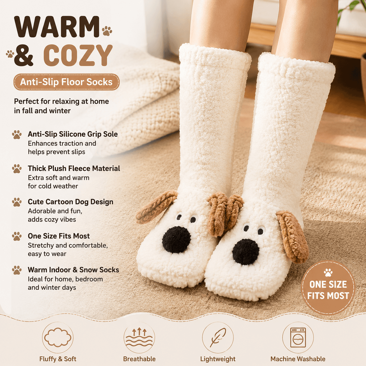 Animal Plush Floor Socks - White Puppy Thickened Coral Fleece - White Warm