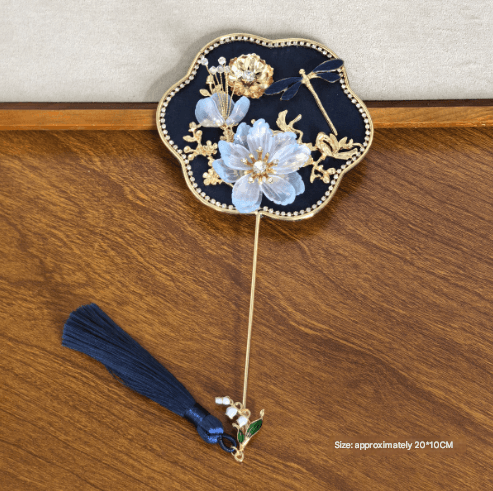Dark Blue Exquisite Chinese Palace Style Mini Fan - Handheld Decorative Prop