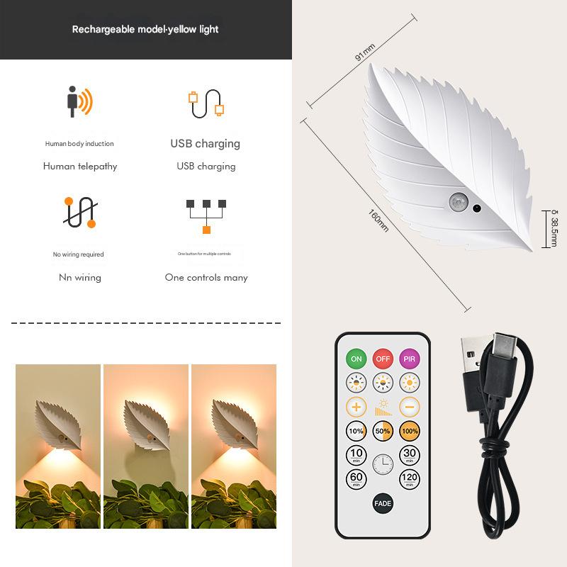 White Leaf-Shaped LED Motion Sensor Night Light - USB Rechargeable Wireless