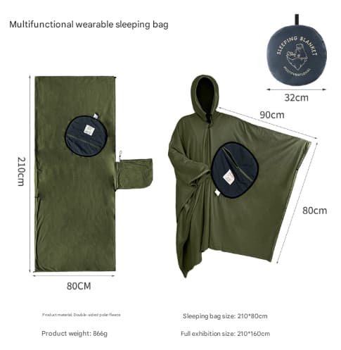Green Cozy 4-in-1 Wearable Fleece Poncho Sleeping Bag - Multifunctional