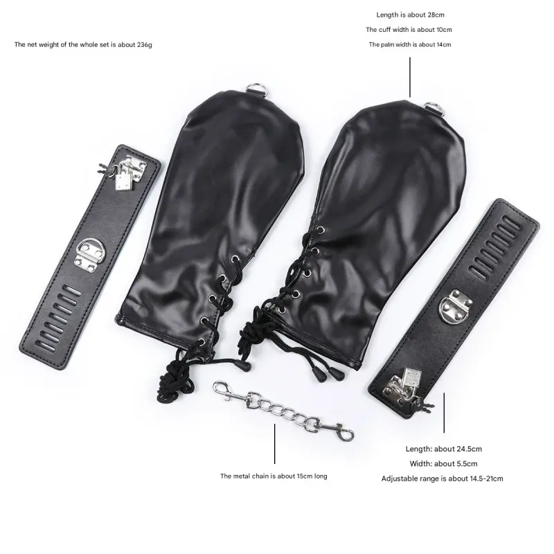PU Leather Padded Bondage Mitts with Locking Straps & Connecting - Black