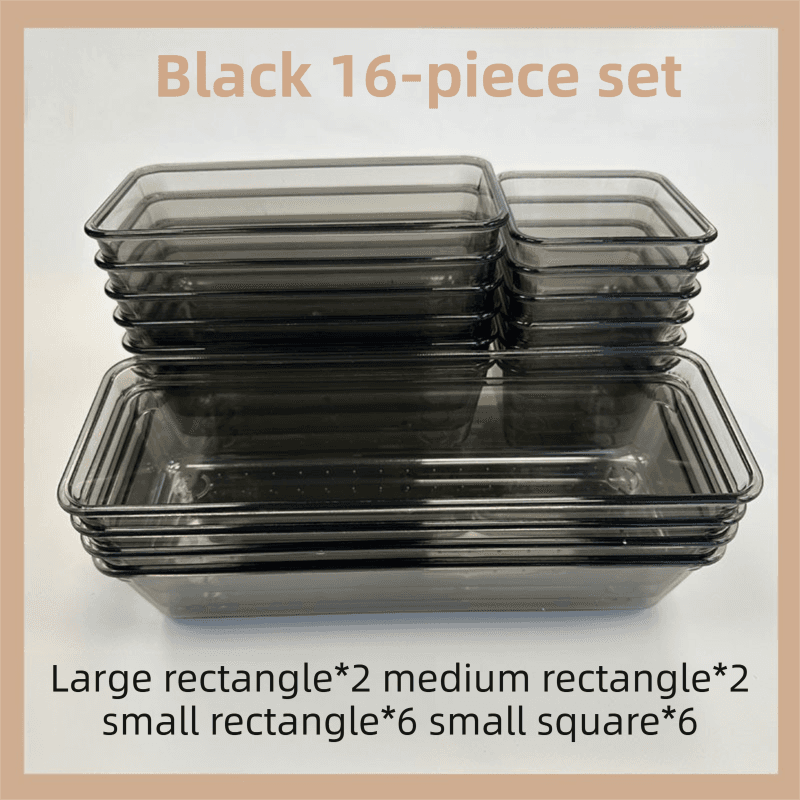 16-Piece Black Transparent Stackable Organizer Set - 4-Size Versatile