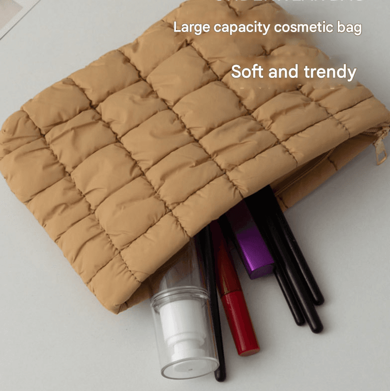 Light Brown 2 Pack Quilted Puffer Clutch Bag Set Checkered Makeup Pouch