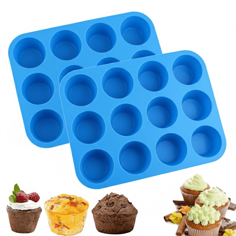 2-Piece Blue Food Grade Silicone Cake Mould 12 Cup Round - Blue Cupcake