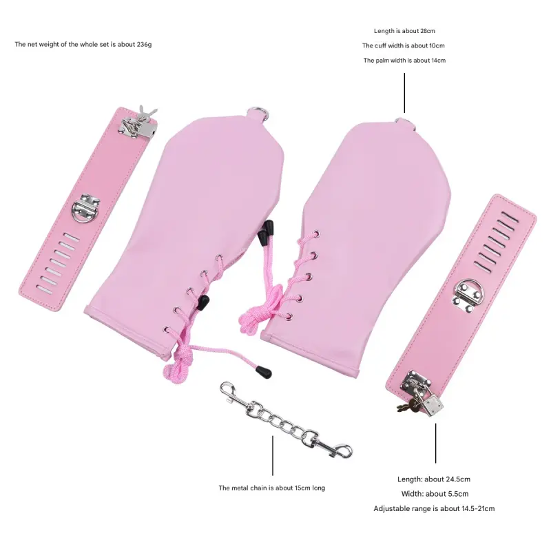 PU Leather Padded Bondage Mitts with Locking Straps & Connecting - Pink