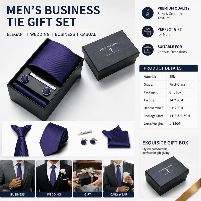 HB376 Purple Men's 4-Piece Formal Tie Set - Necktie, Pocket Square