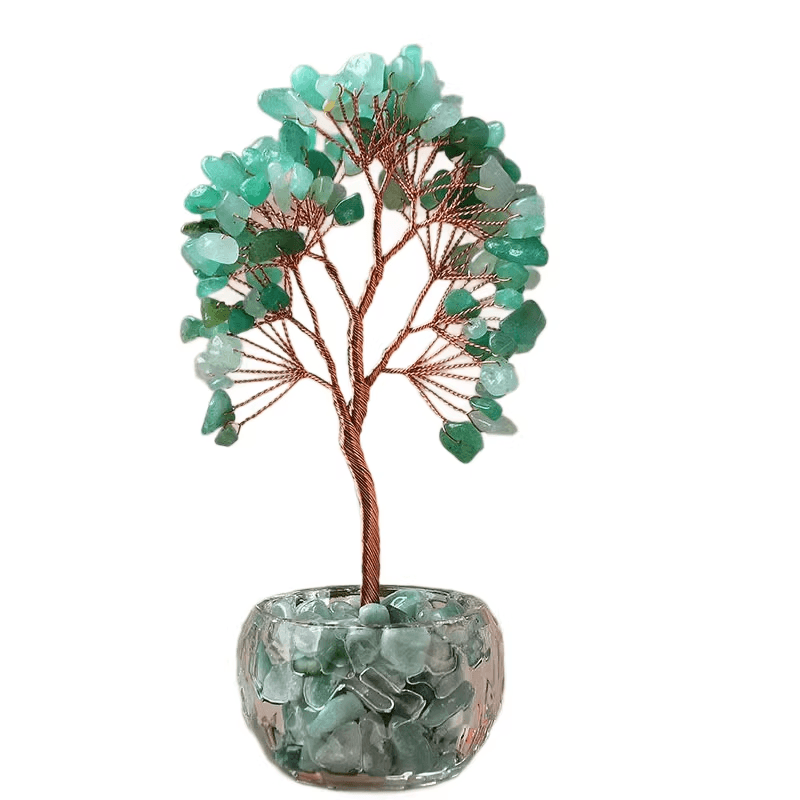 Green Natural Crystal Tree Ornament - Handmade Miniature Decorative Tree