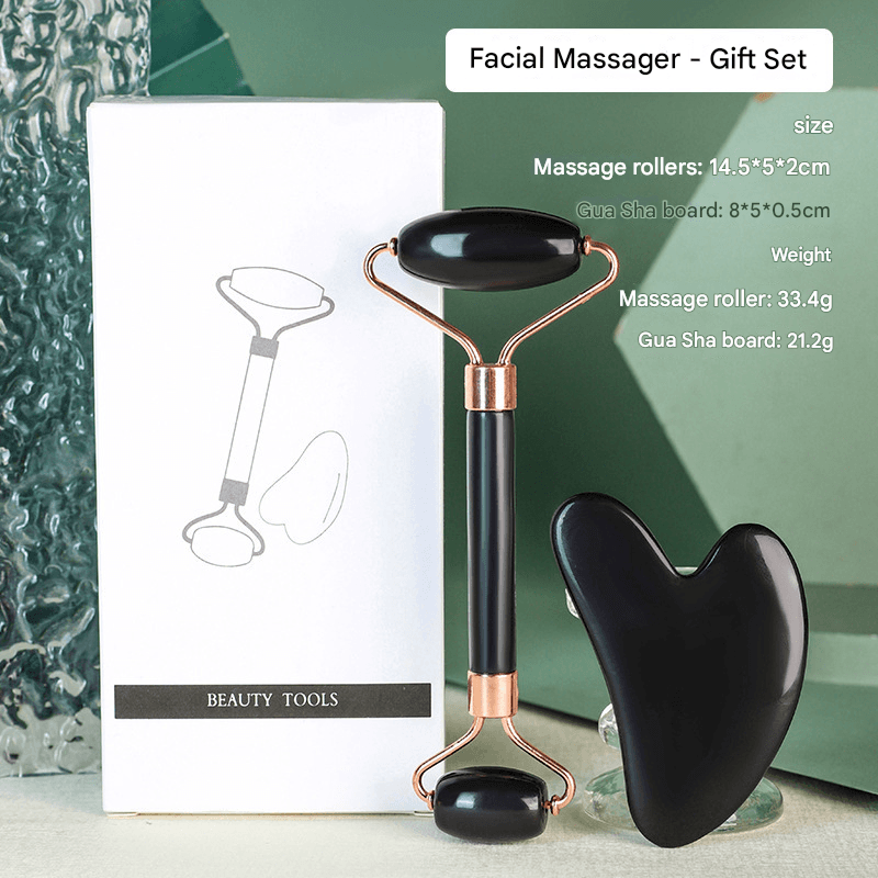 Black Dual-Head Resin Facial Roller and Heart-Shaped Gua Sha Set for Home