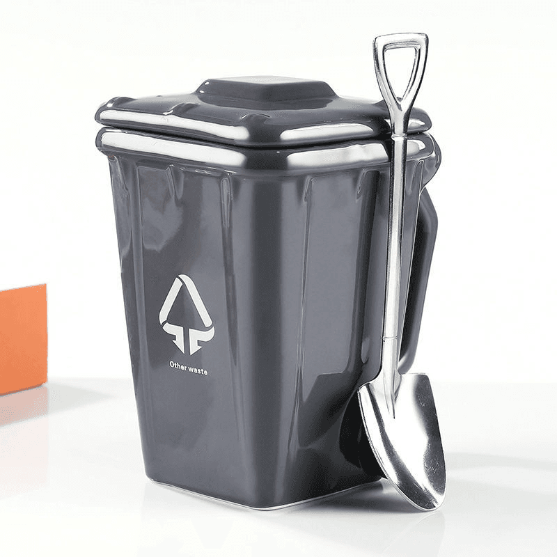 Grey Creative Trash Can Ceramic Mug with Shovel Spoon - 400 ml Funny Garbage