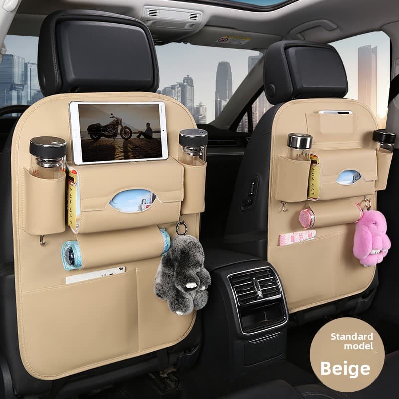 2-PCS Beige PU Leather Car Back Seat Organizer Kick Mat - Beige Seat