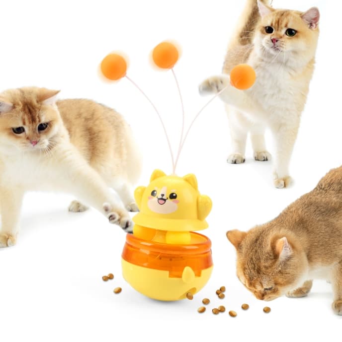 2-Piece Yellow Interactive Cat Tumbler Toy - 3-in-1 Treat Dispensing Puzzle