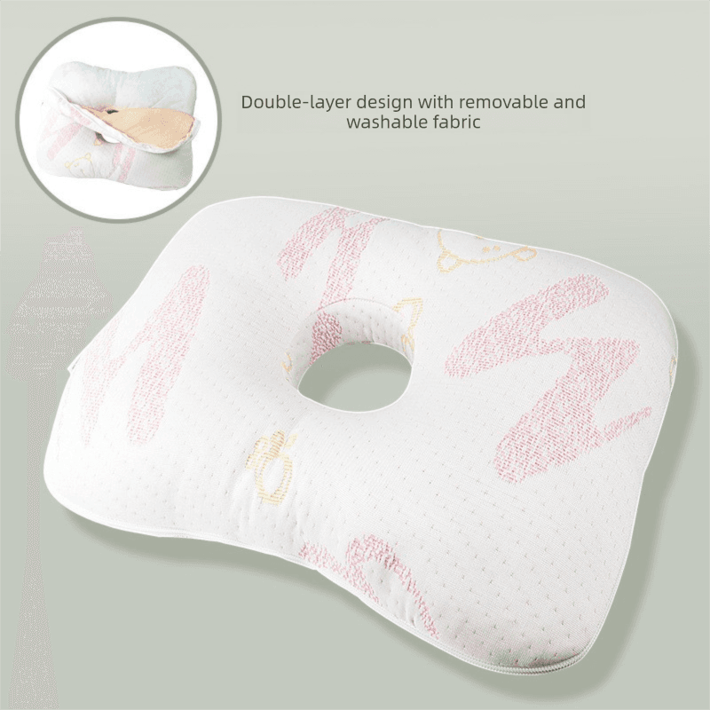 White and Pink Ergonomic Ear Pillow with Hole for Side Sleepers - Pressure