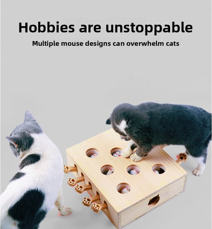Interactive Wooden Cat Toy Whack-A-Mole Box - Solid Pine - Game Plush Mice
