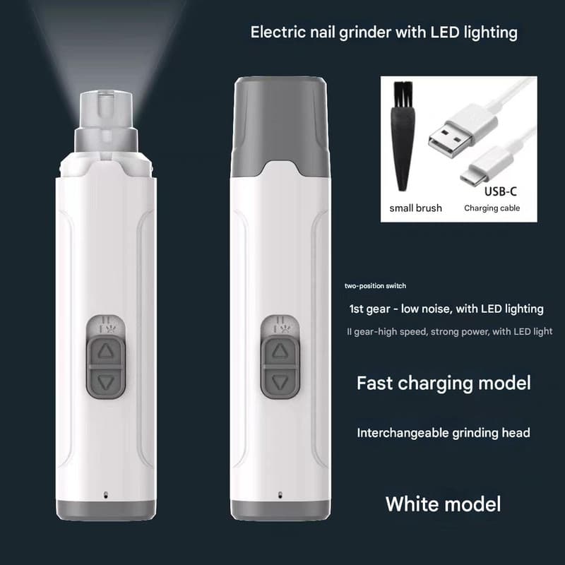 White Quiet Electric Pet Nail Grinder with LED Light - 2-Speed USB-C