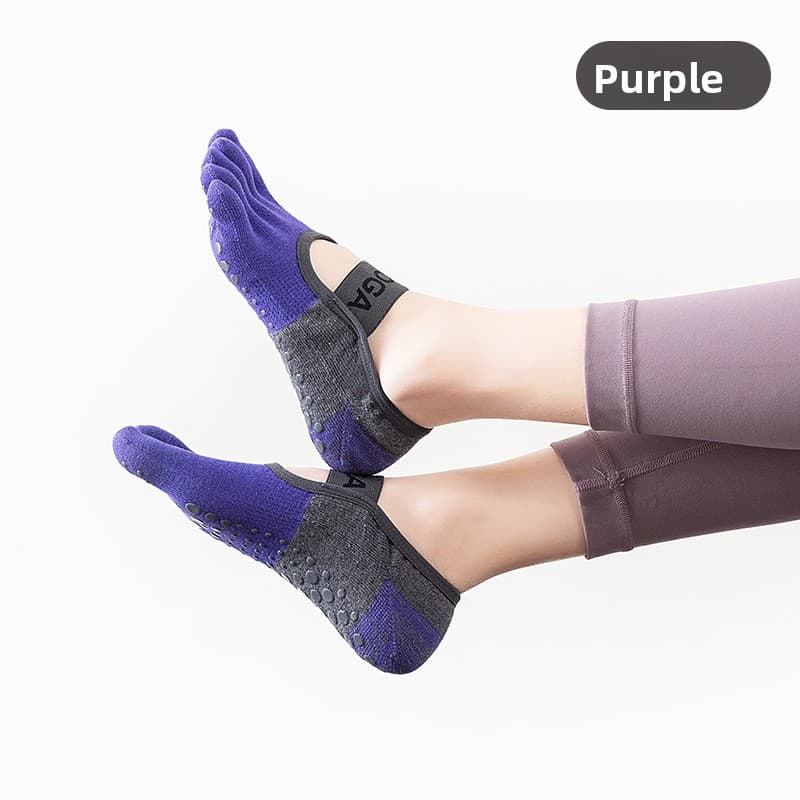 3-PCS Purple Anti-Slip Yoga Socks 5 Toe Low Cut Grips Cotton - Purple 5