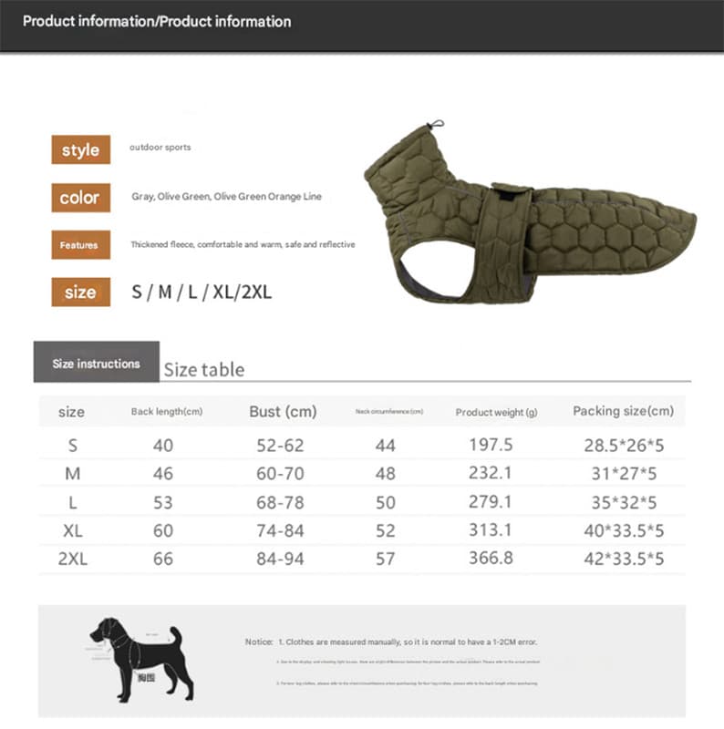 Size S Olive Green Warm Quilted Dog Winter Coat - Adjustable Fleece-Lined