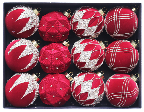 Red 12-Piece 8 cm Christmas Bauble Set - Colorful Flocked Tree Ornaments