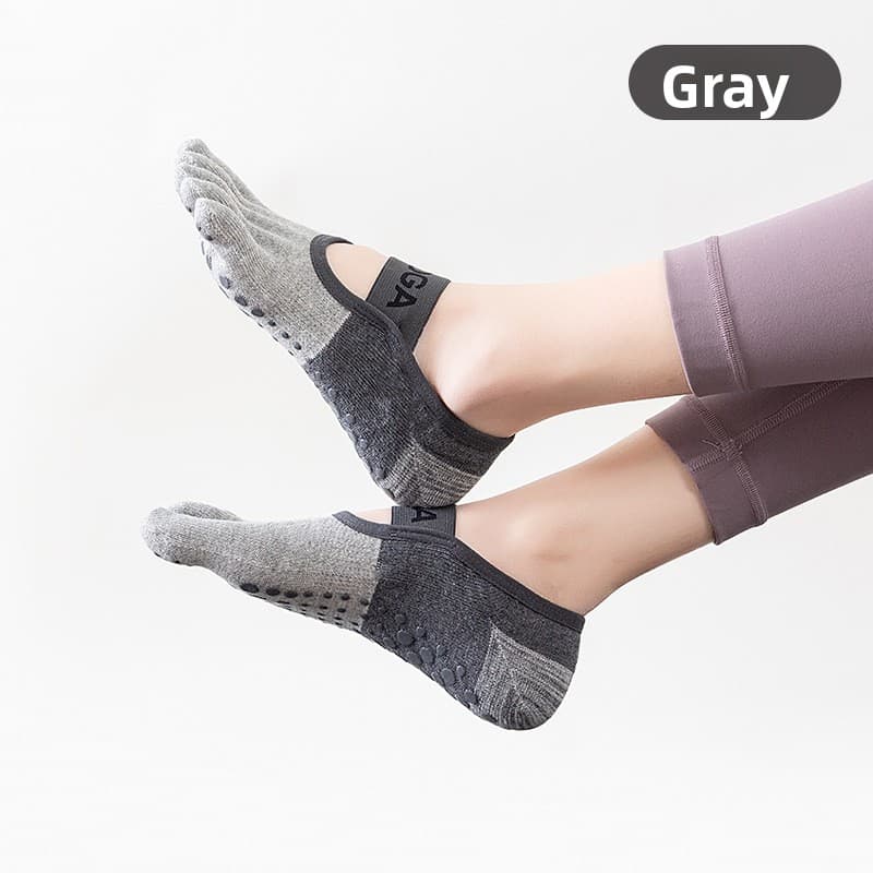 3-PCS Grey Anti-Slip Yoga Socks 5 Toe Low Cut Grips Cotton Pilates - Grey 5