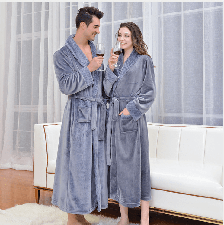 Grey M size Plush Flannel Robe for Couples - Thickened Warm Bathrobe