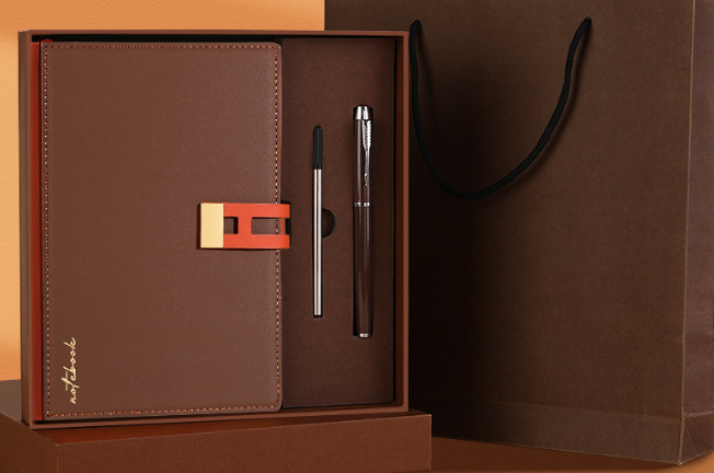 Brown A5 Business Notebook Gift Set with Metal Pen - Soft PU Leather Journal