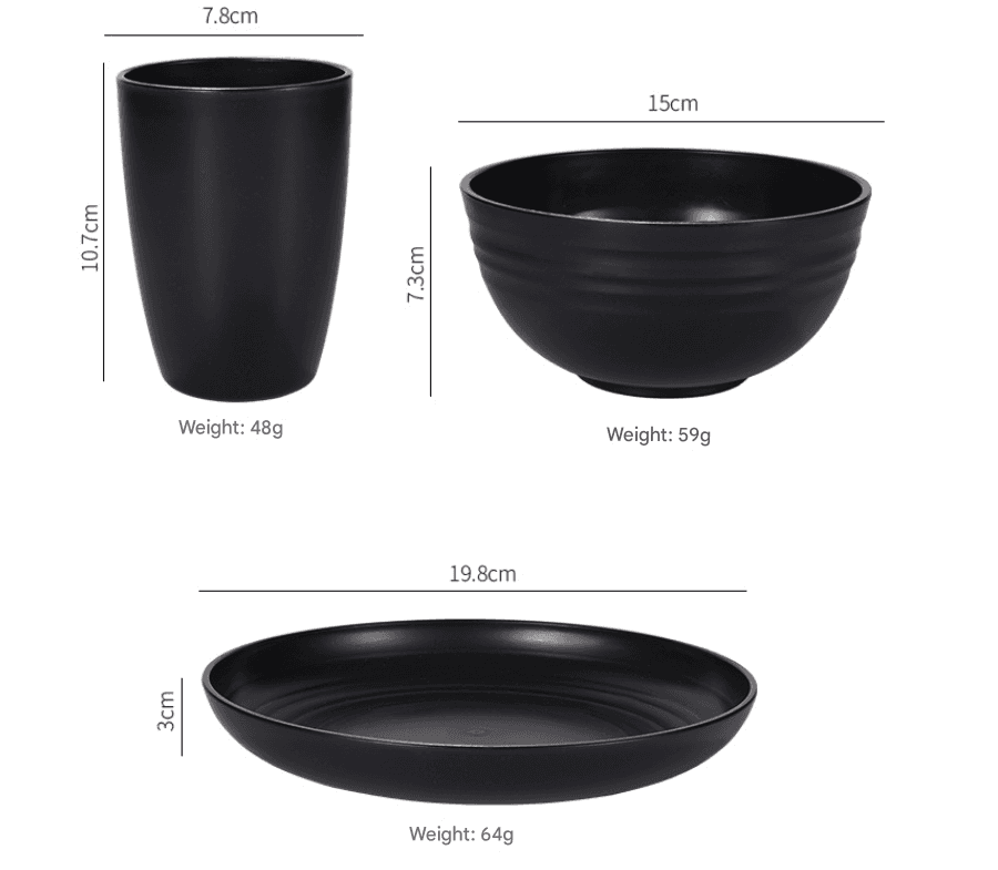 Black Wheat Straw Dinnerware Set - 24 Pieces Including Plates, Bowls & Cups