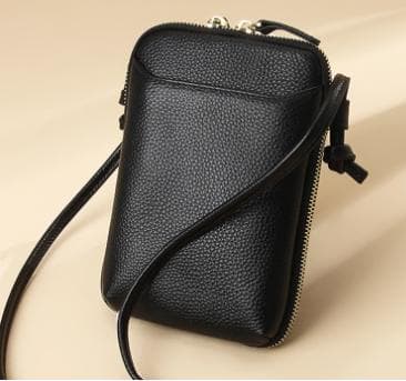 Black Leather Mini Crossbody Phone Bag - Multi-Pocket Organizer for Women