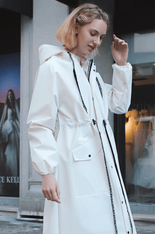 White Women's Long Waterproof Raincoat with Hood and Visor - Rain - Size M