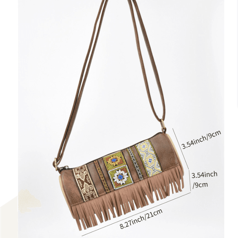 Boho Ethnic PU Leather Cylindrical Crossbody Bag with Embroidery and Fringe