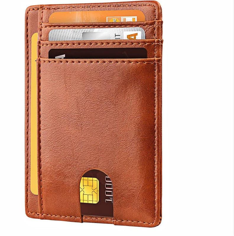 Slim Minimalist Leather Wallet with ID Window & RFID Blocking - Yellow Brown