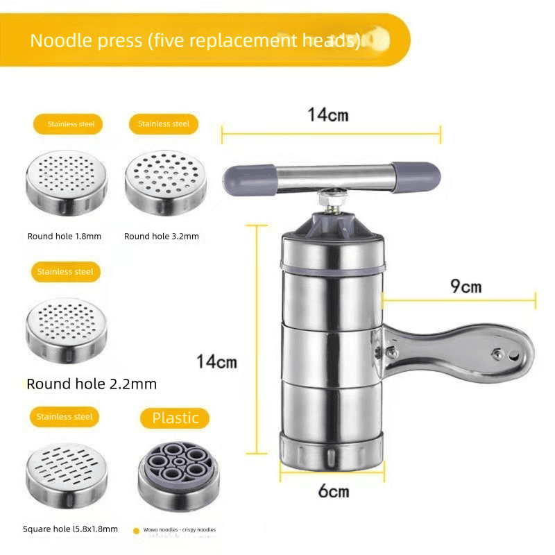 Manual Stainless Steel Noodle Maker with Interchangeable Dies - Five molds