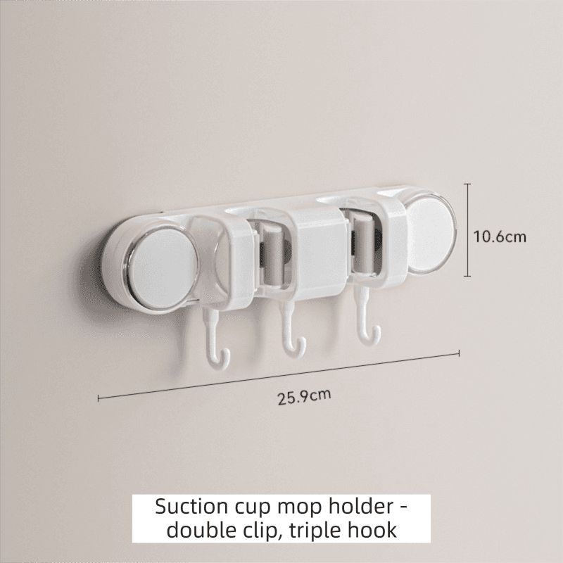 White Vacuum Suction Cup Mop & Broom Holder with 2 Roller Clips - White 2 3