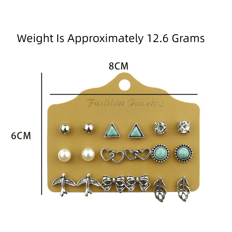 Alloy Stud Earring Set - 9-Pair with Heart, Leaf & Turquoise Designs