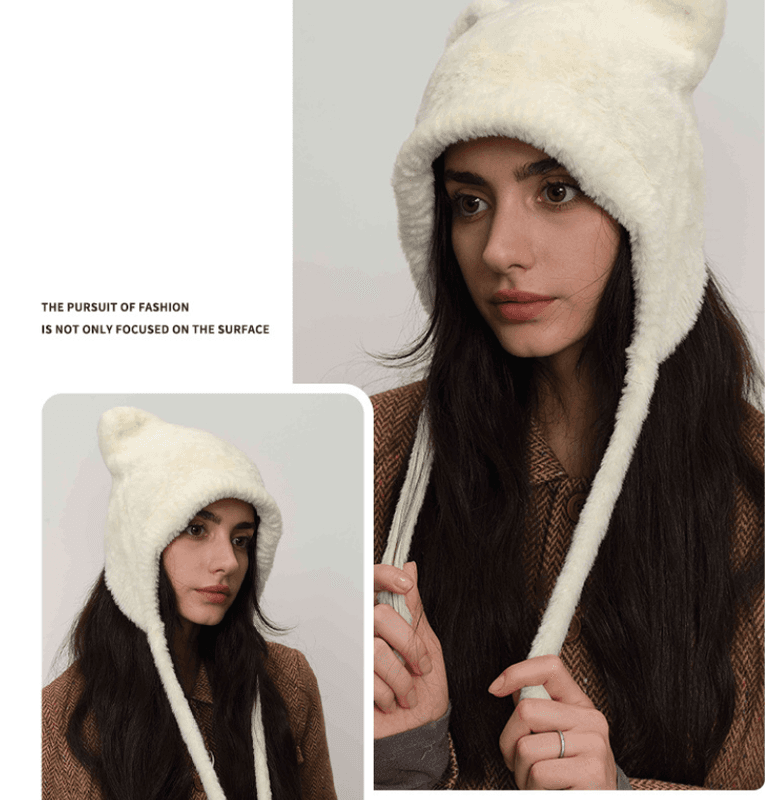 White Fluffy Cat Ear Winter Earflap Hat Women Knitted Warm Cold Weather Cap