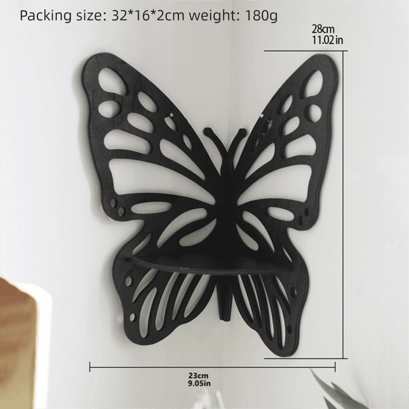 Black Wooden Butterfly Wall Shelf - Hollow-Out Decorative Corner Storage