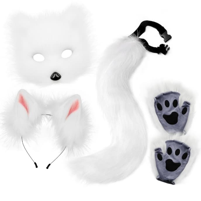 White Halloween Furry Fox Costume Set - Plush Mask, Ears Headband, Tail