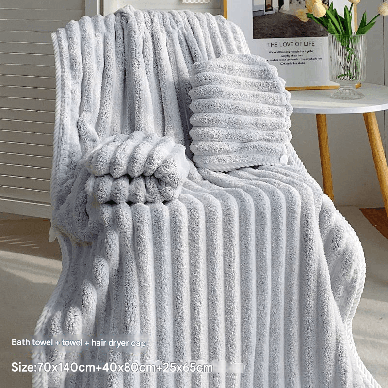 Grey Plush Ribbed Coral Fleece 3-Piece Towel Set - Ultra Soft & Absorbent