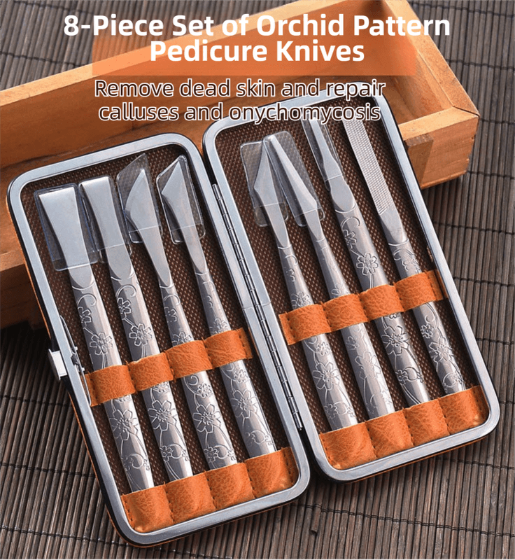 8-Piece Orchid Pattern Stainless Steel Pedicure Tool Set - Precision Tools