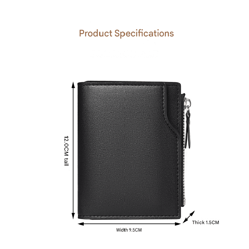 Black Men's Compact Wallet - Multi-Card Holder with Zippered Coin Pocket, 13