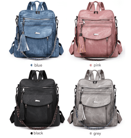Black Women's PU Leather Convertible Backpack - Anti-Theft Design