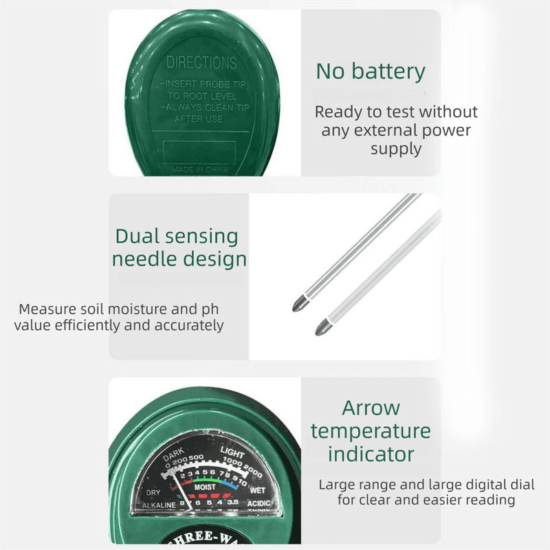 3-in-1 Soil Tester Meter for Moisture, pH and Light Intensity - Battery-Free