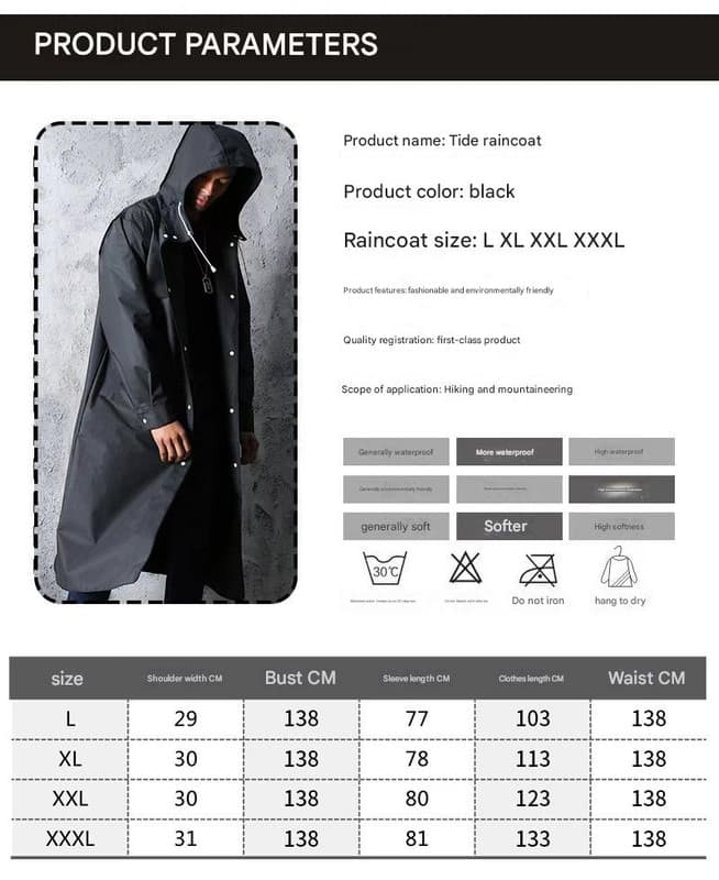 Black Trench Raincoat - Extra Long, Hooded, for Hiking & Fishing - L