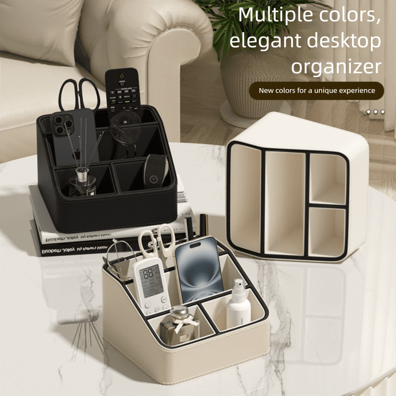 Black PU Leather Desktop Organizer Caddy - Multi-Compartment Holder