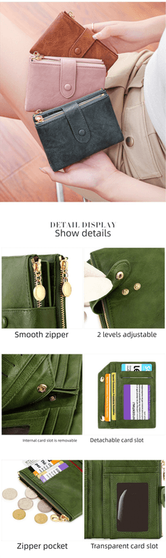 Ladies Compact Wallet Soft Vegan Leather Tri-Fold Purse Double Zipper Coin
