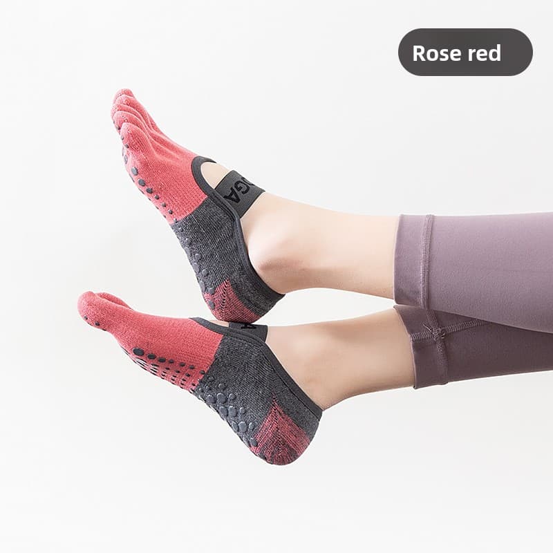 3-PCS Rose red Anti-Slip Yoga Socks 5 Toe Low Cut Grips Cotton Pilates Socks