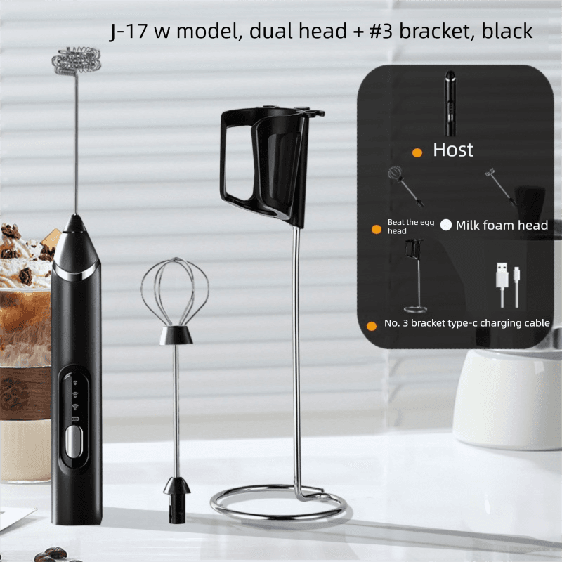 Rechargeable Electric Milk Frother with Metal Stand - Handheld Foam - Black