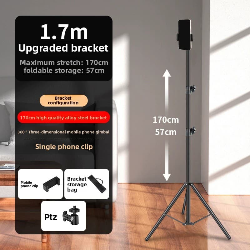 1.7m Black Tripod Stand with Phone Holder Adjustable Floor Stand for Live