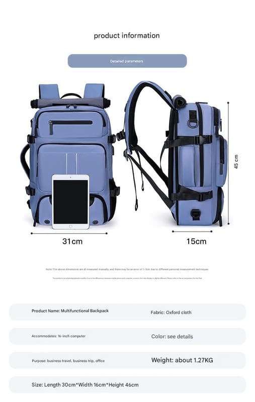 Large Capacity Convertible Travel Backpack - 16" Laptop Compartment - Grey